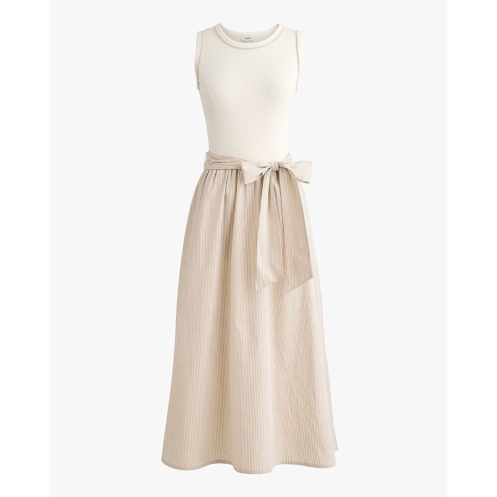 J. Crew Tie Waist Mixed Media Midi Dress Size Small Cream Beige Striped Read